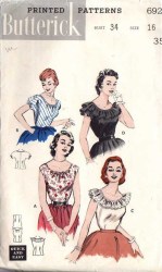 6927 BUTTERICK 1954 SWEET SCOOP NECK BLOUSE RUFFLE OR NOT PATTERN 14 32", 18 36"